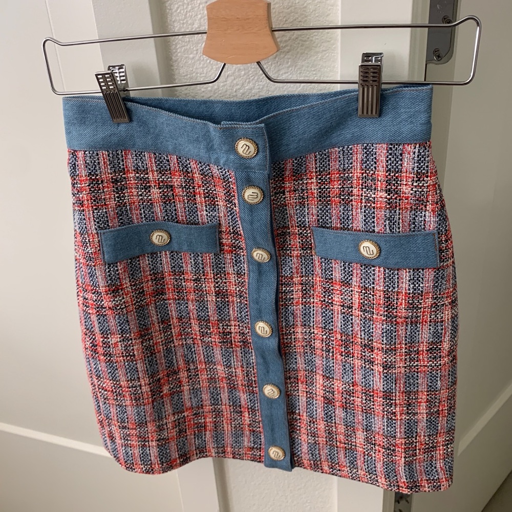 MAJE TWEED SKIRT WITH DENIM CONTRASTS
